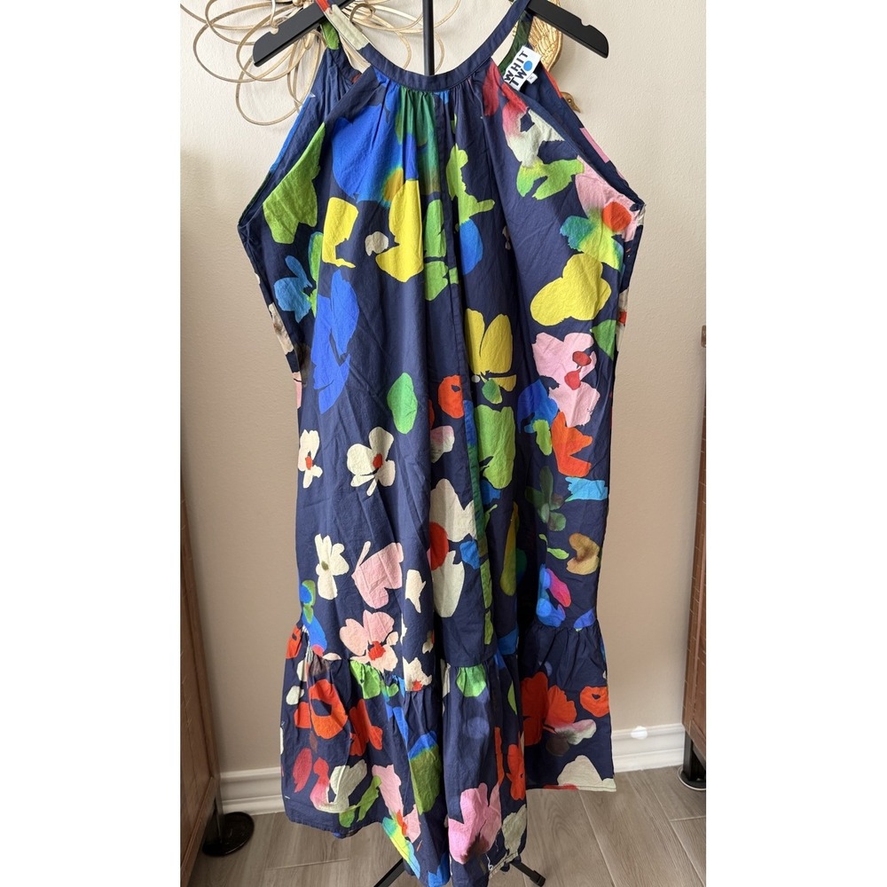 WHIT Two Floral Maxi Dress XL Navy Multicolor Abstract Halter Tiered Cotton